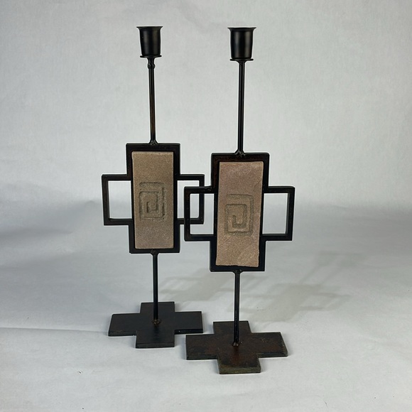 Vintage Set of Iron and Sandstone Taper Candle Holders - Picture 8 of 10